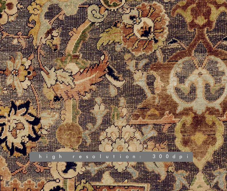 Peut inclure: Gros plan sur un tapis vintage avec un motif floral complexe dans des tons de marron, beige, vert et bleu. Le tapis a un aspect vieilli, avec une usure visible. Le texte "haute r&eacute;solution : 300 dpi" est visible.