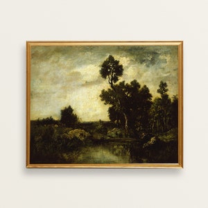 May include: A framed oil painting depicting a landscape scene with a pond, trees, and a cloudy sky. The painting is done in shades of green, brown, and gray.