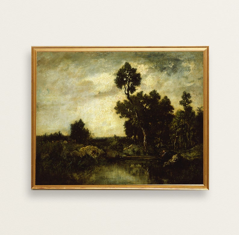 May include: A framed oil painting depicting a landscape scene with a pond, trees, and a cloudy sky. The painting is done in shades of green, brown, and gray.