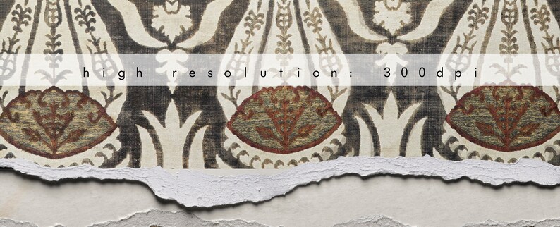 May include: Close-up of a fabric with a repeating pattern of stylized flowers and leaves in shades of brown, gold, and white. The fabric has a distressed, torn edge. The text "high resolution: 300 dpi" is visible at the top of the image.