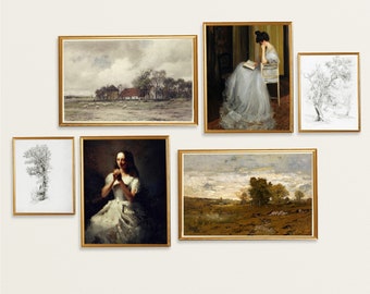 May include: A collection of framed artwork featuring various landscapes, portraits, and still life scenes. The artwork is displayed on a white wall.