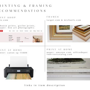 May include: A collage of images showing different options for printing and framing photos. The top left image shows the website mpix.com, which offers fine art and photographic prints. The top right image shows frames from target.com and michaels.com. The bottom left image shows a Canon XP 15000 printer, which can be used to print photos at home. The bottom right image shows different paper options from amazon.com, officedepot, and redrivercatalog.com.
