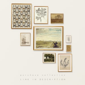May include: A gallery wall featuring nine framed prints with a variety of nature-inspired designs. The prints include botanical illustrations, landscapes, and abstract patterns. The frames are all gold and have a simple, elegant design.