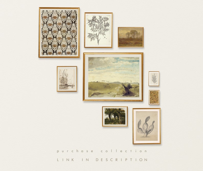 May include: A gallery wall featuring nine framed prints with a variety of nature-inspired designs. The prints include botanical illustrations, landscapes, and abstract patterns. The frames are all gold and have a simple, elegant design.