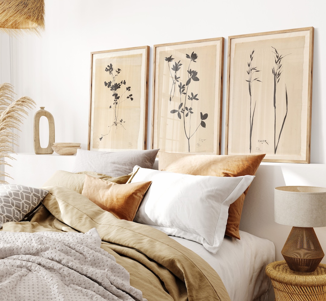 Bedroom Wall Decor Over the Bed | Set of 3 Prints | Botanical Flowers ...