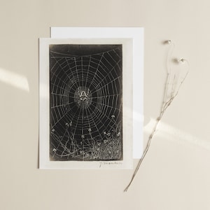 May include: A black and white illustration of a spider web with a spider in the center. The web is surrounded by small white flowers. The image is signed "J. Monckton".