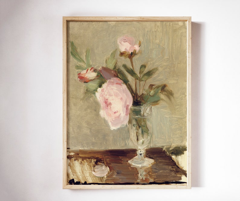 May include: A painting of a bouquet of pink peonies in a clear glass vase on a wooden table. The background is a muted green.