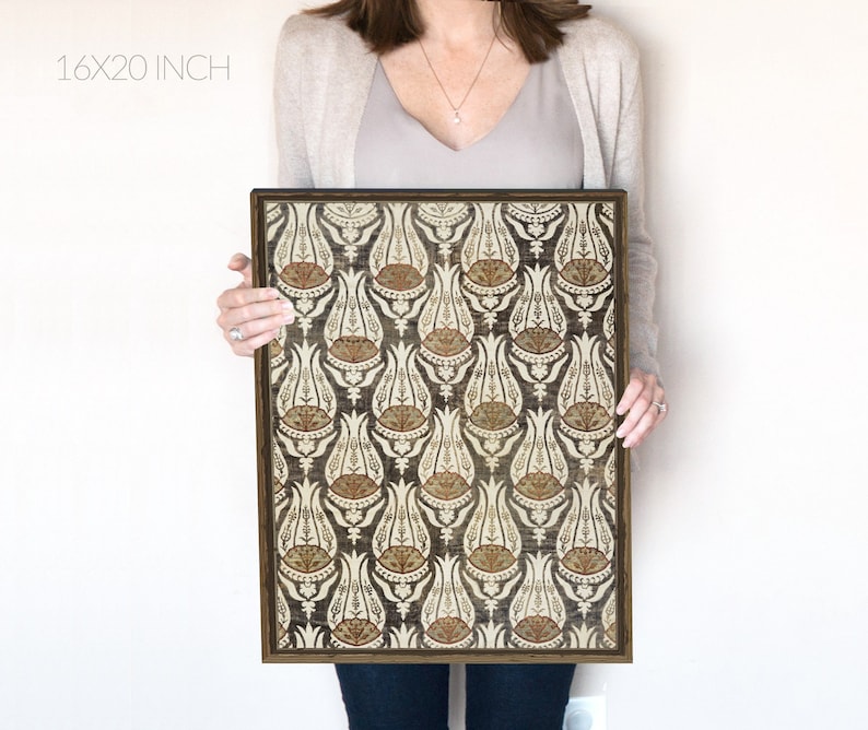 May include: A 16x20 inch framed print featuring a repeating pattern of stylized floral motifs in shades of brown, cream, and red. The print has a distressed, vintage look.
