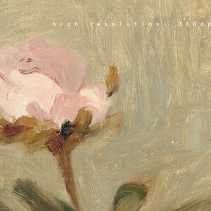 May include: A close-up of a single pink rose with a brown stem and green leaves. The rose is painted in a loose, impressionistic style with visible brushstrokes.