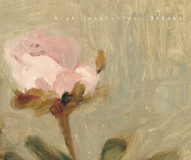 May include: A close-up of a single pink rose with a brown stem and green leaves. The rose is painted in a loose, impressionistic style with visible brushstrokes.