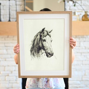 May include: A framed black and white drawing of a horse's head. The horse has a white face and a dark mane and tail.