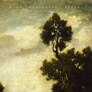 May include: A painting of a dark green tree silhouetted against a light yellow and gray sky. The text "high resolution: 300 dpi" is at the top of the image.