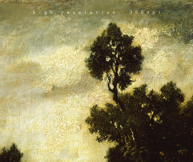 May include: A painting of a dark green tree silhouetted against a light yellow and gray sky. The text "high resolution: 300 dpi" is at the top of the image.