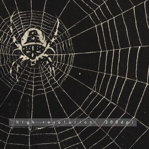 May include: A black and white illustration of a spider web with a spider in the center. The spider is stylized and has a large head and eight legs. The web is detailed and has many strands.