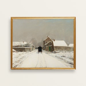 Peut inclure: Peinture encadr&eacute;e d'un paysage hivernal. Une route enneig&eacute;e m&egrave;ne &agrave; un village, avec une cal&egrave;che. Des b&acirc;timents aux toits enneig&eacute;s bordent la route. L'&oelig;uvre est dans un cadre dor&eacute;.