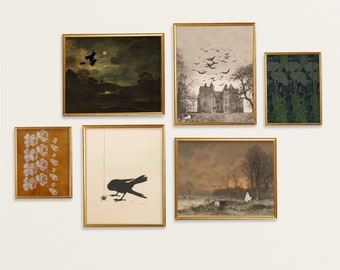 May include: A gallery wall with six framed prints. The prints feature a variety of spooky and gothic imagery, including a witch flying on a broomstick, a castle, a crow, and a ghost. The prints are all in black and white, except for one print that features a dark green and black floral pattern.