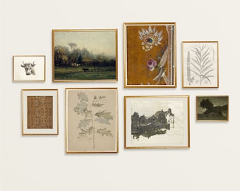 May include: A gallery wall with nine framed prints. The prints feature a variety of subjects, including landscapes, botanical illustrations, and abstract designs. The frames are all gold and have a simple, elegant design.