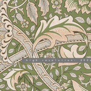 Pu&ograve; includere: Un motivo di carta da parati floreale vintage con sfondo verde e intricati disegni bianchi e arancioni. Il motivo presenta foglie, fiori e volute stilizzate.