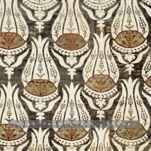 May include: A repeating pattern of stylized white tulips with brown and gold accents on a dark brown background. The fabric has a textured, woven appearance.