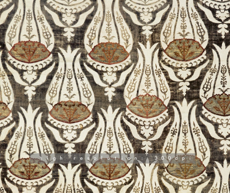 May include: A repeating pattern of stylized white tulips with brown and gold accents on a dark brown background. The fabric has a textured, woven appearance.
