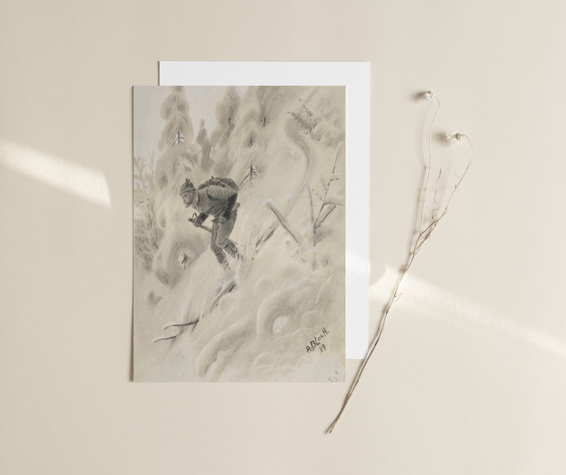 Peut inclure: Dessin au crayon d'un skieur d&eacute;valant une pente enneig&eacute;e, entour&eacute; d'arbres couverts de neige. L'&oelig;uvre est pr&eacute;sent&eacute;e sur une carte blanche, avec une autre carte vierge derri&egrave;re. La signature de l'artiste et l'ann&eacute;e '99 sont visibles.