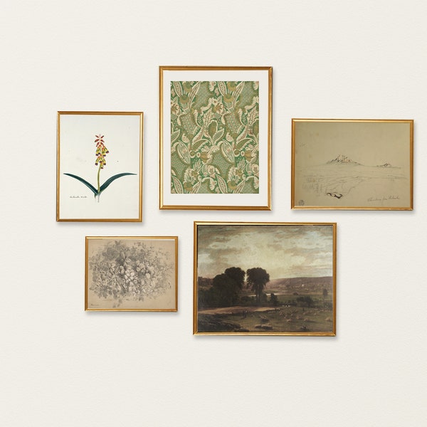 Gallery Wall Set Prints, vintage Green Tapestry, Botanical, Charcoal Horses, Red Pattern Textile, Ensemble de 5 estampes, ensemble de 10 art, imprimable