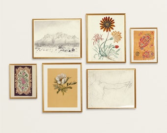 Ensemble de murs de galerie orange, ensemble de 6 impressions en téléchargement numérique, ensemble de galeries vintage, décoration d'intérieur tons chauds, dessin du désert, art floral
