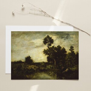 May include: A painting of a landscape with a river and trees. The sky is cloudy and the trees are silhouetted against the light.