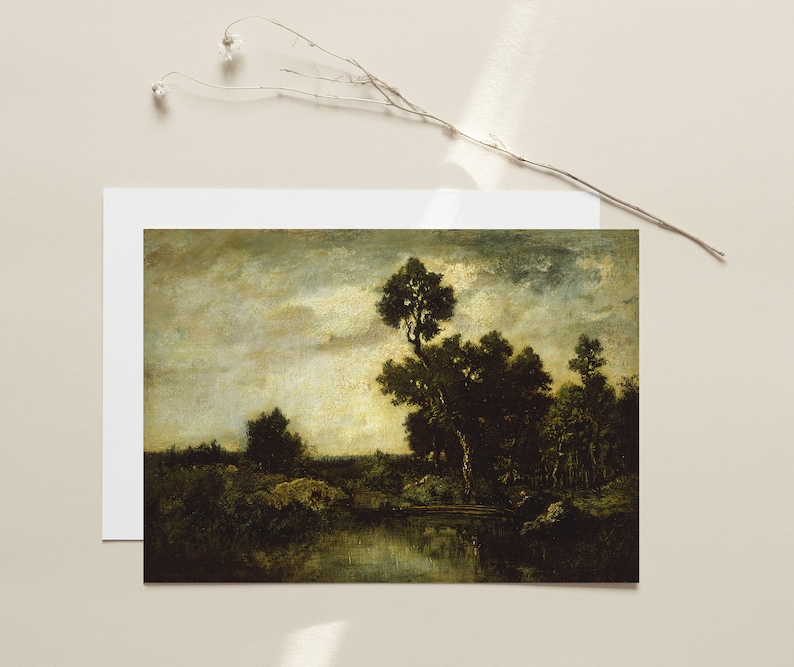 May include: A painting of a landscape with a river and trees. The sky is cloudy and the trees are silhouetted against the light.