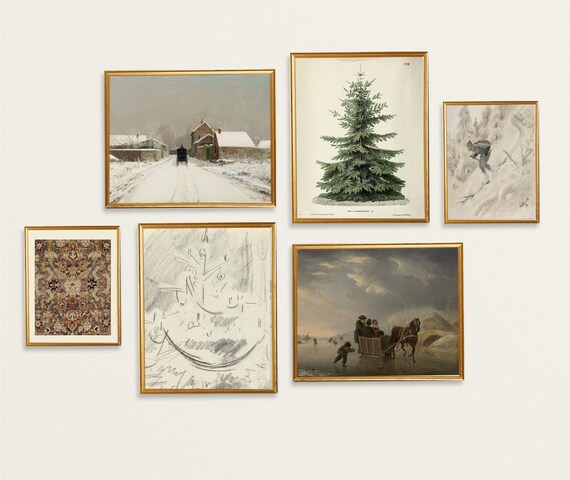 Christmas Gallery Wall Set | Dark and Moody Vintage Decor | Printable Wall Art | Christmas Tree | Snow Sledding and Skiing | Winter Decor