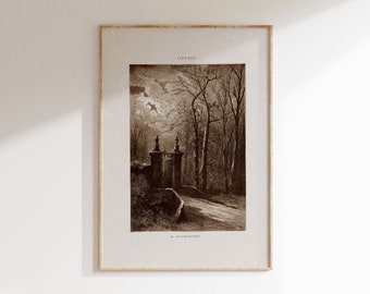 Dark Moon Light Lane with Gates Print | Halloween Printable | Spooky Scene Art | Vintage Halloween Decor | 628