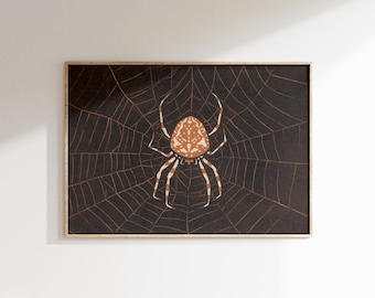 Spinne Print | Halloween Wandkunst zum Ausdrucken | Orange Spinne auf Web-Gemälde | 611