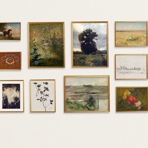 Vintage Spring Gallery Wall Set von 10 Landschaften, Blumen, Ölgemälden und Skizzen. Vintage Modernes Bauernhaus druckbare Wandkunst