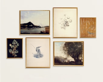 Galerie, art mural imprimable, sombre et de mauvaise humeur, ensemble mural vintage, botanique rustique. Paysage, peinture à l'huile, esquisse florale, tapisserie, décoration murale