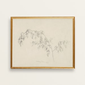 May include: A framed black and white pencil drawing of a bare tree branch with leaves. The drawing is signed "Hathaway, Calif. 1988".