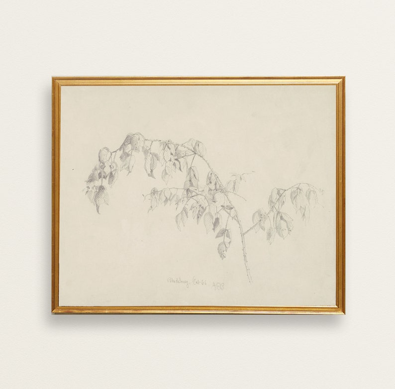 May include: A framed black and white pencil drawing of a bare tree branch with leaves. The drawing is signed "Hathaway, Calif. 1988".