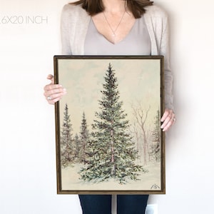 Christmas Tree in Snow | Pine Tree Vintage Print | Winter Forest Painting | Holiday Decor | Moody Neutral Holiday Art | Emerald Green | 402