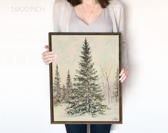 Christmas Tree in Snow | Pine Tree Vintage Print | Winter Forest Painting | Holiday Decor | Moody Neutral Holiday Art | Emerald Green | 402