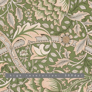 Pu&ograve; includere: Una carta da parati vintage con un motivo floreale su sfondo verde e disegni floreali bianchi e pesca. Il motivo presenta dettagli intricati e un design ripetitivo.