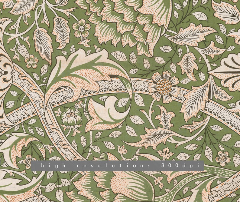 Pu&ograve; includere: Una carta da parati vintage con un motivo floreale su sfondo verde e disegni floreali bianchi e pesca. Il motivo presenta dettagli intricati e un design ripetitivo.