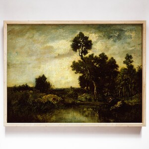 May include: A painting of a landscape with a river, trees, and a cloudy sky. The painting is done in a muted palette of greens, browns, and blues.