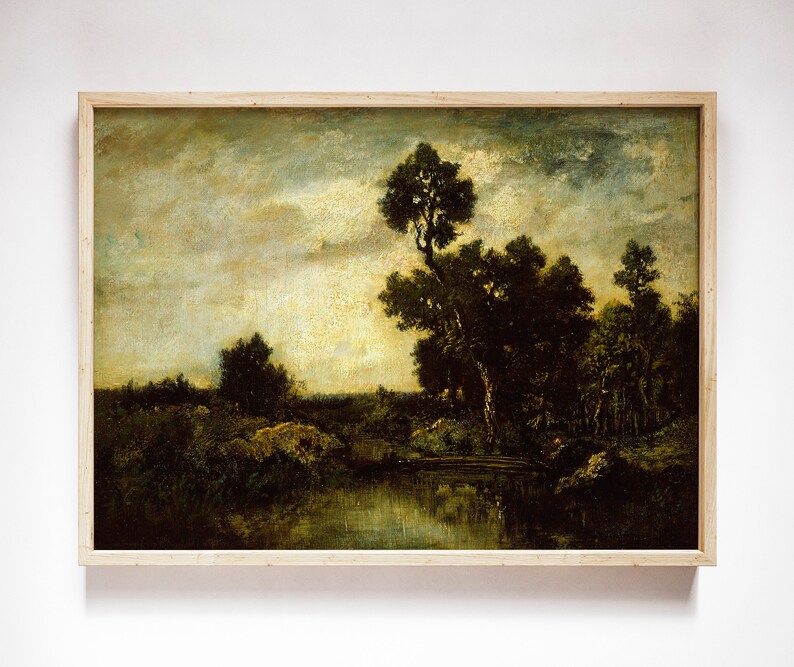 May include: A painting of a landscape with a river, trees, and a cloudy sky. The painting is done in a muted palette of greens, browns, and blues.