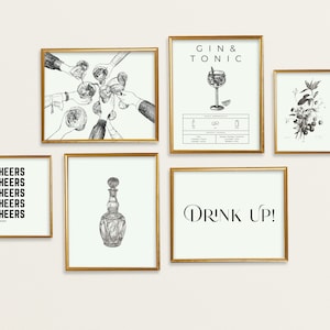 Bar Cart Prints, Cheers, Drink Toast, Vintage Liquor Glass, Gin en Tonic Recept, Drink Up, Botanische Gallery Gallery Wall Set, Afdrukbaar