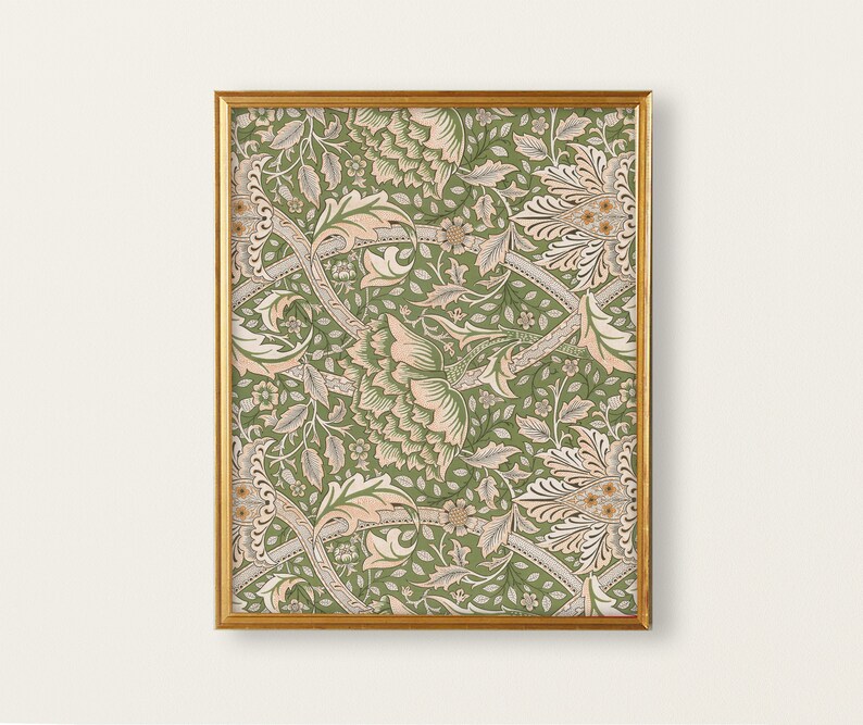 Pu&ograve; includere: Una stampa incorniciata con un motivo floreale verde e rosa. Il motivo presenta dettagli intricati e un design ripetitivo.