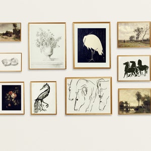 Gallery Wall Set Prints, European Vintage Vogel, Ölgemälde Landschaft, Pferdeskizze, Florale Zeichnung, Oyster Zeichnung Set von zehn Printable
