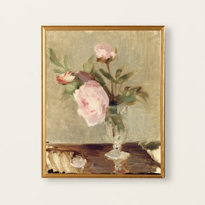 May include: A painting of a bouquet of pink peonies in a clear glass vase on a wooden table. The flowers are painted in a loose, impressionistic style.