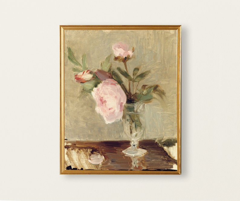 May include: A painting of a bouquet of pink peonies in a clear glass vase on a wooden table. The flowers are painted in a loose, impressionistic style.