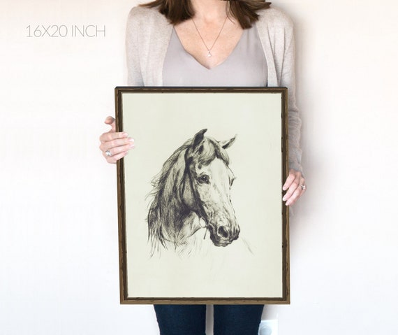 Vintage Horse Art Print, Neutral Horse Head Sketch, Farmhouse Kitchen Decor, Antique Artwork, Etching, Digital Download, Printable | 15
