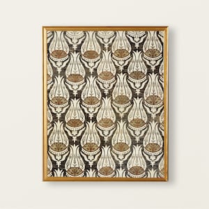 May include: A framed print of a vintage textile design featuring a repeating pattern of stylized tulips in shades of brown, white, and red on a dark background.