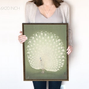 Peacock Wall Art, Vintage White Japanese Peacock, mid century modern art, emerald green and white print, peacock wall decor, Printable | 89